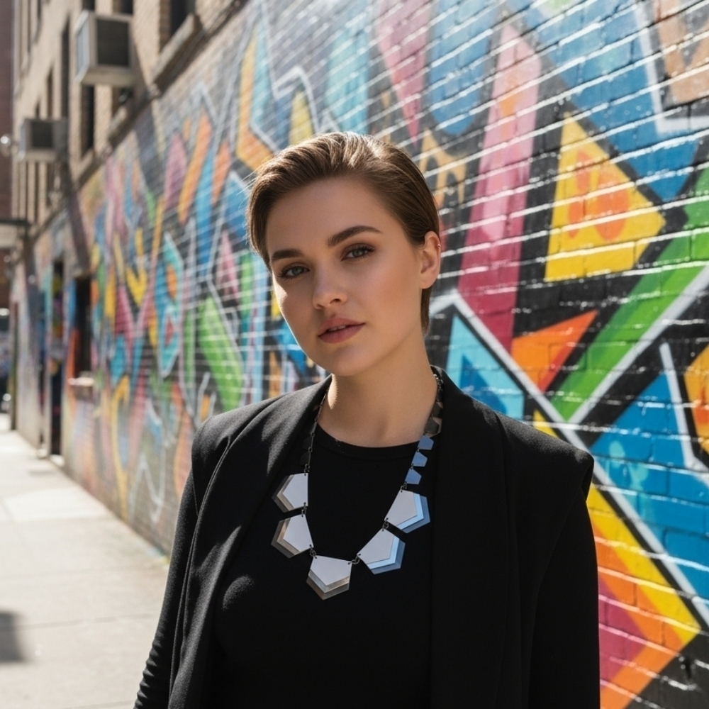 Express Mirror Finish Silver Black White Geometric Segmented Statement Necklace